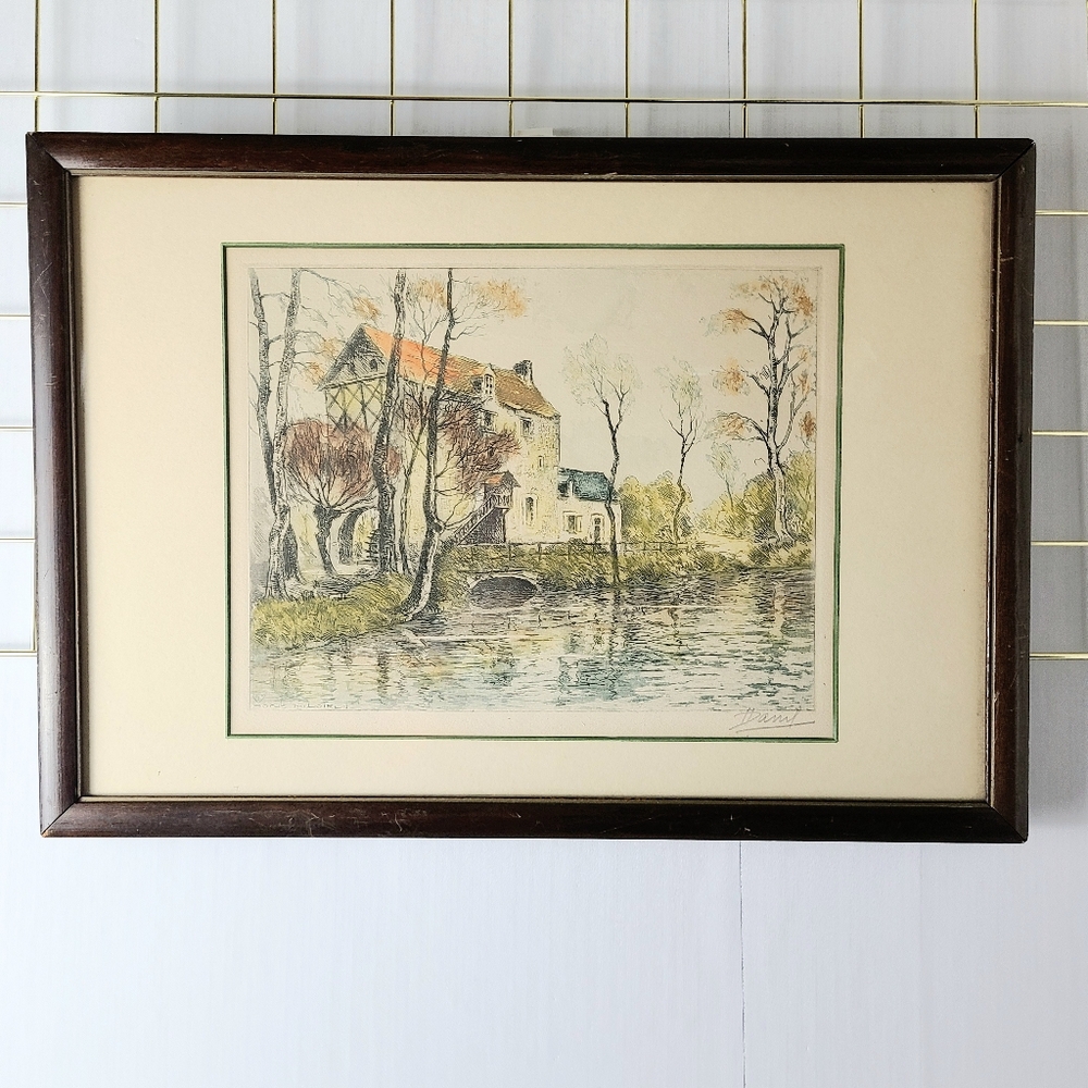Louis Davril aka Lucien Dasselborne "Bords du Loiret" Etching Vintage Art Print